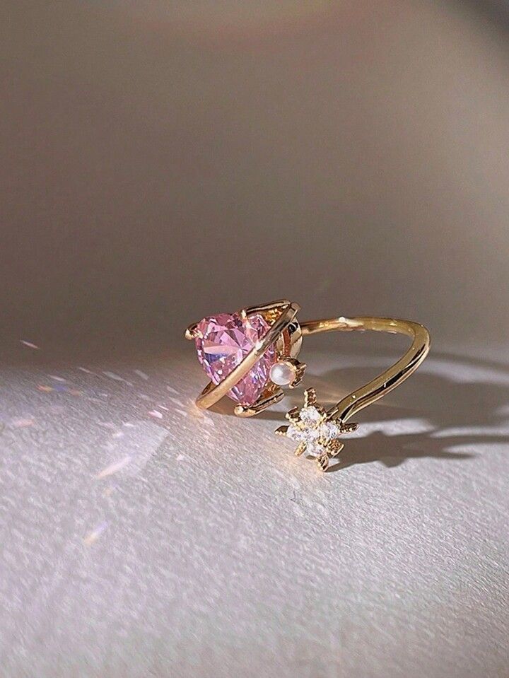 Pink Heart Planet CZ Gold Open Ring - side view