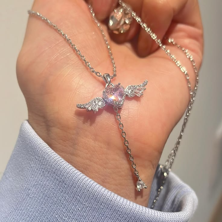 Angel Wings Pink Heart CZ Pendant Necklace - hand view