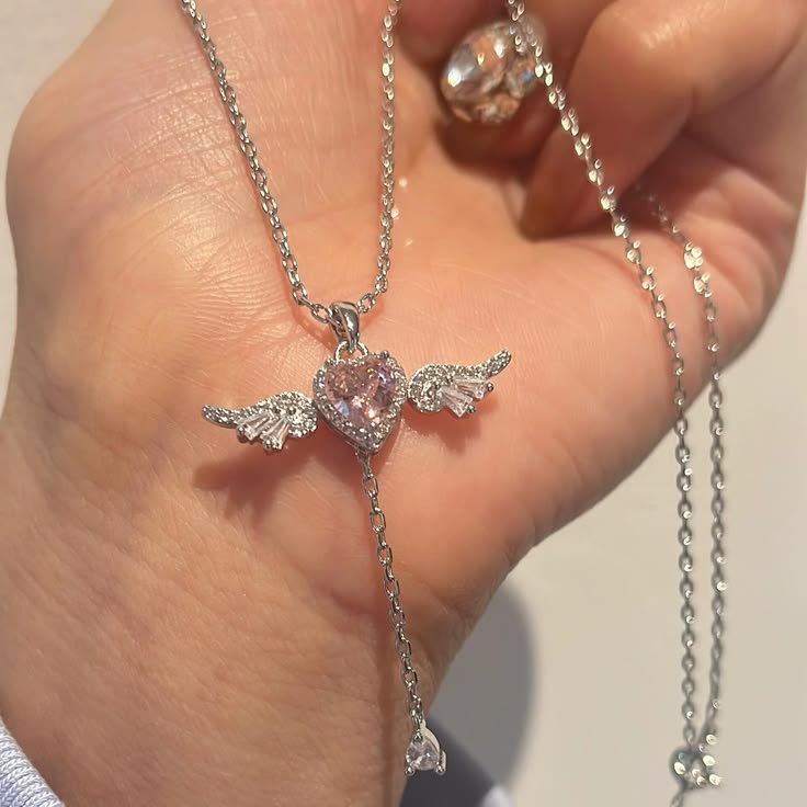 Angel Wings Pink Heart CZ Pendant Necklace - close up