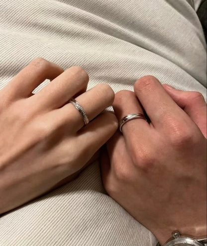 Silver Minimalist Couple Band Ring Set - couple wearing