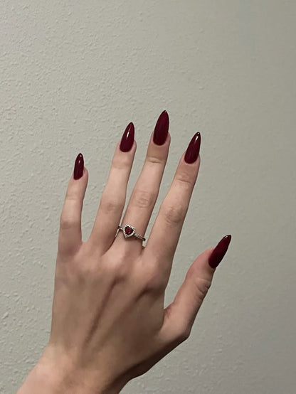 Ruby Red Heart CZ Silver Ring - worn on hand