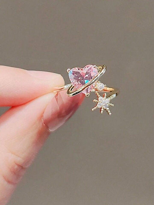 Pink Heart Planet CZ Gold Open Ring - hand view