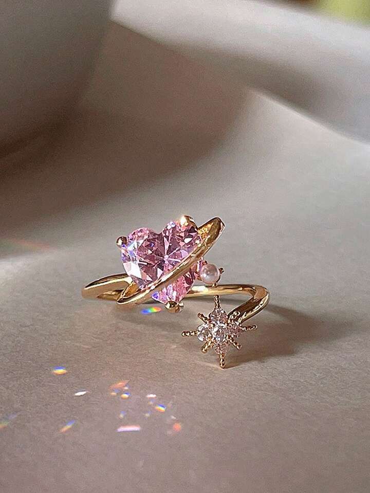 Pink Heart Planet CZ Gold Open Ring - product view