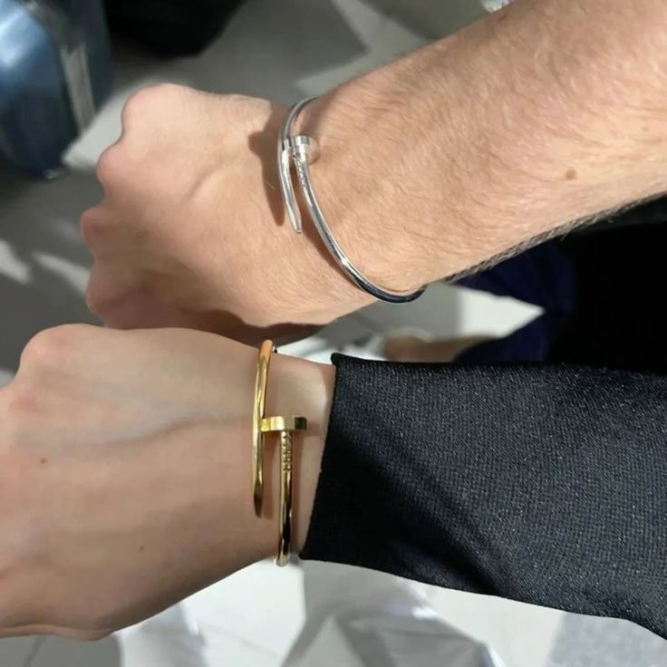 Nail Bangle Bracelet Set - couple wearing gold and silver
