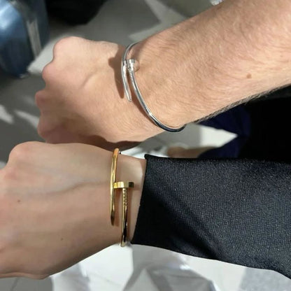 Nail Bangle Bracelet Set - couple wearing gold and silver