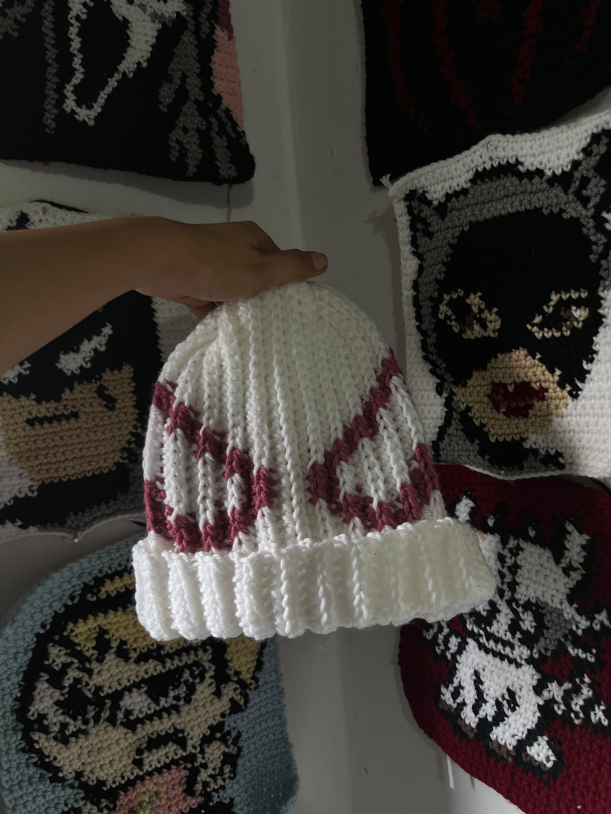 Handmade White G-Wen Beanie - front view