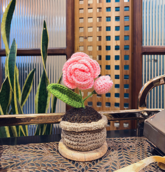 HANDMADE CROCHET ROSE FLOWER POT (pink)