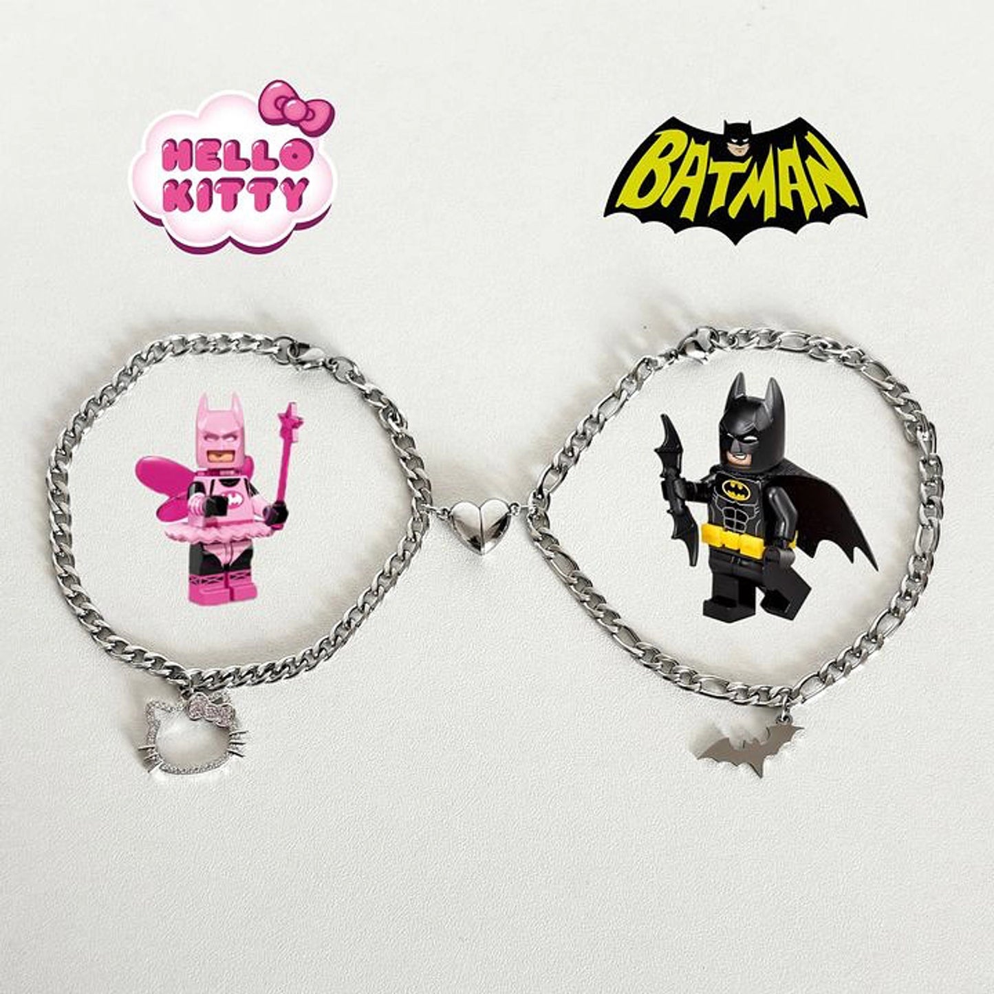 Batman & Hello kitty silver plated matching heart magnetic bracelet