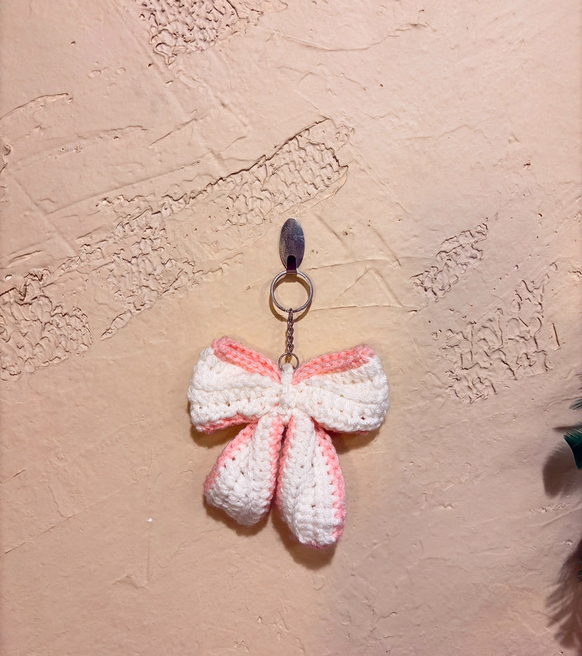 CROCHET BOW KEYCHAIN HANDCRAFTED (white & pink)